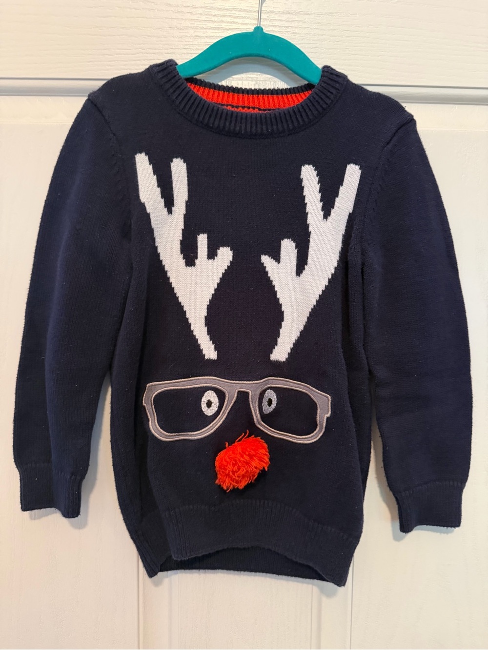 Joules Navy Kids ChristmasRudolph Reindeer Sweater with Red Pom Nose and Glasses